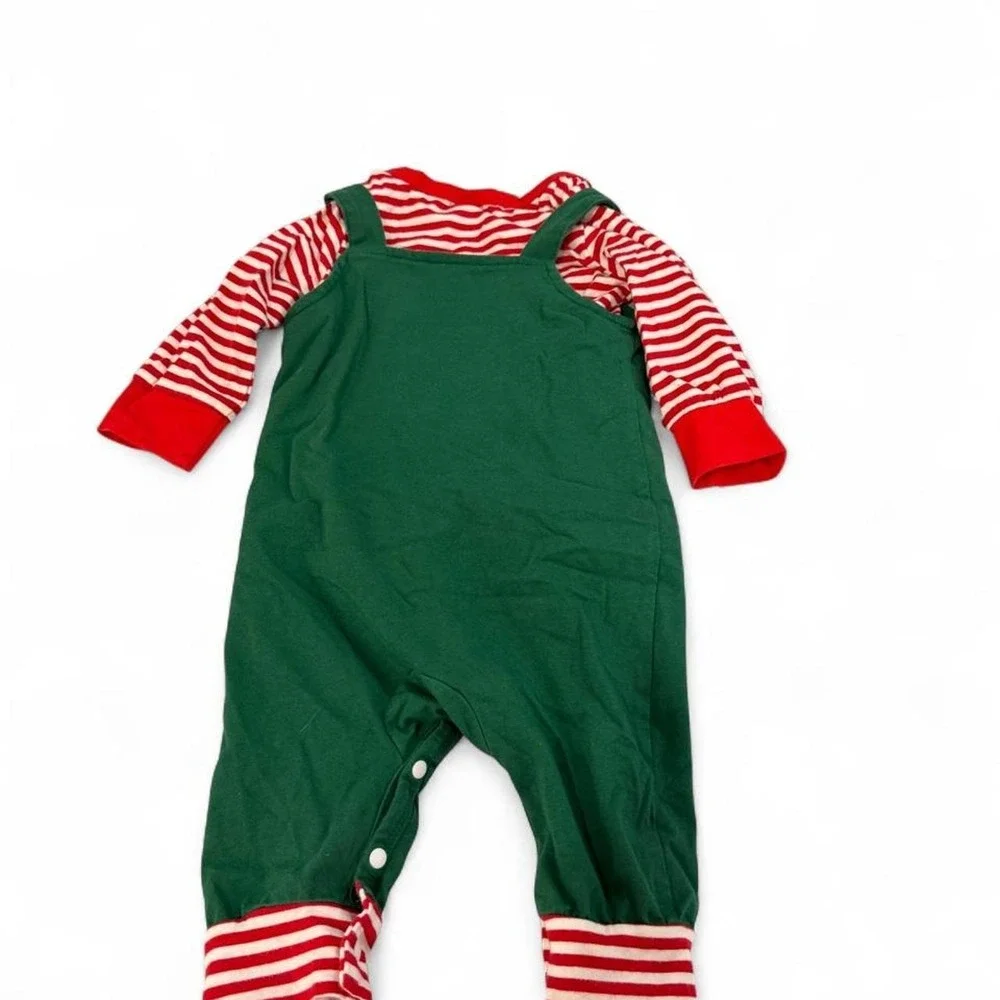 My 1st Christmas Baby Outfit Set Green Overalls Red Striped Bodysuit 3-6M